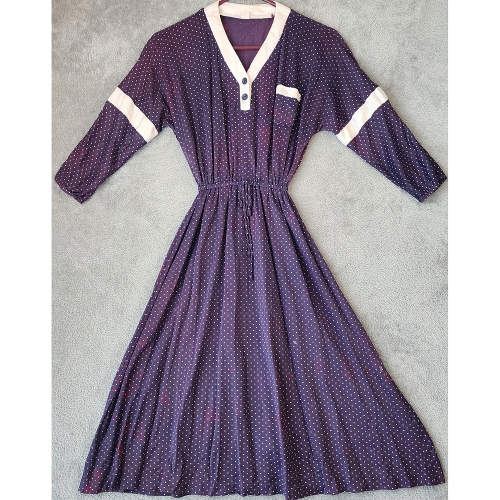 Womens Midi Dress XS Purple Polka Dot V-Neck Sporty Stripe Retro 70s Style
